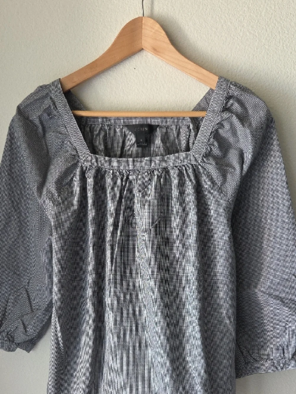 J. Crew Gray Checked Square Neck Peasant Blouse 100% Cotton Sz 8 Boho Cottage